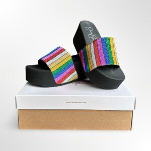 NWB Jessica Simpson faille platform sandal 6 rainbow glitter platform slip on